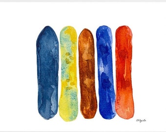 Snowboard Art Print, Snowboard Watercolor Painting, Winter Wall Art, Mountain Wall Art