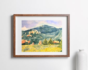 Watercolor print, Painting of a meadow of sunflowers in Colorado