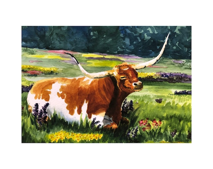 Texas Longhorn Watercolor Art Print: Sleepy Cow in Meadow