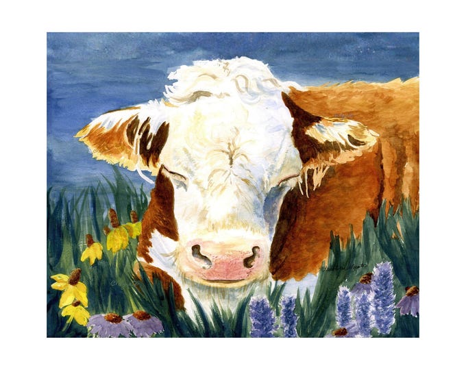 Hereford Cow Watercolor Painting Farmhouse Art Print - Rustic Kitchen Wall Decor Ranch Home Gift