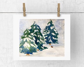Snowy Pine Tree Painting, Watercolor Art Print, Snow Painting, Winter Wall Art