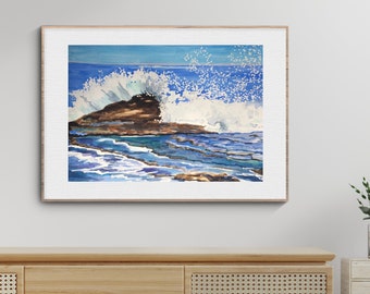 Beach Art Print from an Original Painting of a Wave Crashing Against a Large Rock Formation on the Coast of Costa Rica, Landscape Watercolor
