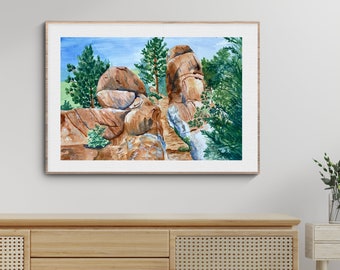 Colorado Watercolor Print, Painting of a Hiking Trail in Red Rocks Open Space