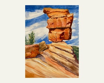 Balanced Rock Garden Gods Park Colorado: Watercolor Painting Wall Art Print Home Decor