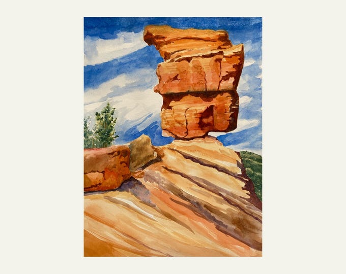 Balanced Rock Garden Gods Park Colorado: Watercolor Painting Wall Art Print Home Decor