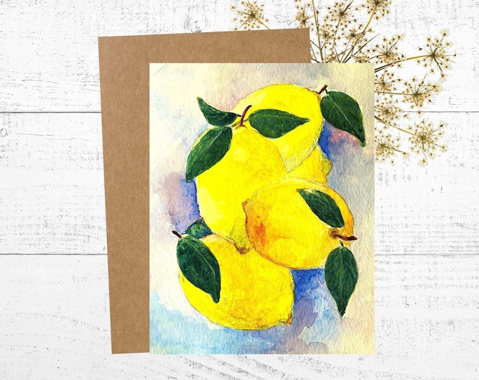 Lemon Card: Watercolor Painting of Yellow Lemons, Personalized Blank 5 x 7 Greeting Card
