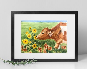 Watercolor Print from the Original Painting of a Brown Calf Smelling Yellow Sunflowers for Cow Wall Art Decor.