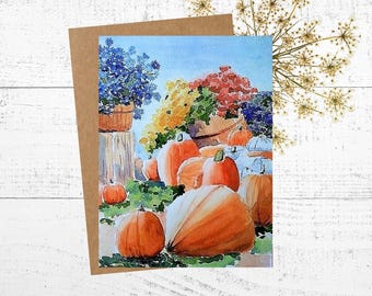 Fall Greeting Card: Watercolor Painting of Pumpkins and Mum Flowers at a Massachusetts Farm