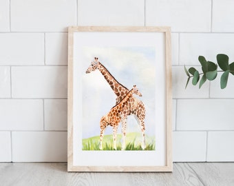 Giraffe Art Print, Watercolor Painting of Giraffes, Nature Wall Art
