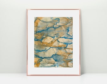 Art Print, Watercolor Painting of Abstract Water & Rocks in Blue and Yellow