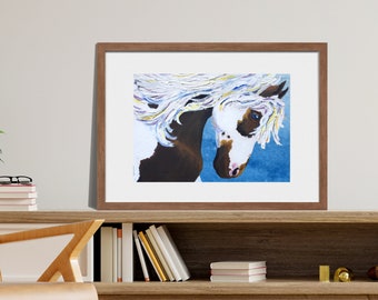 Horse Art Print, Animal Wall Art, Painting of a Brown and White Wild Pony