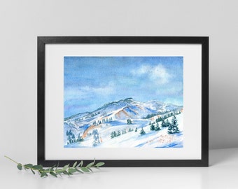 Winter Watercolor Art Print, Painting of Snow-Covered Mountains Dotted with Evergreen Pine Trees
