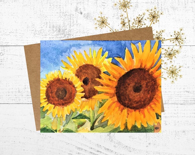 Sunflower Card: Watercolor Card with Flowers, Painting of Three Yellow Sunflowers