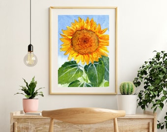 Sunflower Art Print, Watercolor Painting of a Large Yellow Sunflower, 16x20 Print, Flower Wall Art, Watercolor Print, Large Watercolor Art