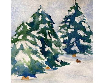 Snowy Pine Tree Watercolor Print: Misty Winter Forest Wall Art