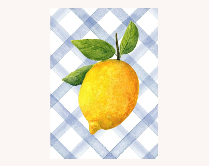 Lemon Art Print with Blue Stripes, Watercolor Painting of One Lemon, Fruit Wall Art, Citrus Painting