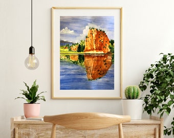 Wall Art Print from Original Watercolor Painting of a Red Rock Formation Reflected in a Blue Mountain Lake for Beautiful Nature Decor.
