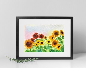 Sunflower Art Print, Watercolor Painting of a Variety of Colored Sunflowers, Wildflower Art, Garden Wall Art, Watercolor Painting