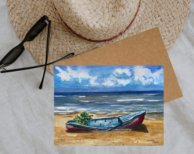 Card from a Watercolor Painting of a Blue & Red Boat on the Beach in Belize, Personalized 5x7 Greeting Card, Birthday, Wedding