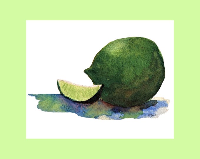 Watercolor Citrus Fruit Painting Print, Green Lime Art for Home Decor