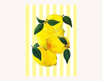 Lemon Watercolor Art Print, Striped Summer Artwork for Fresh Home Decor