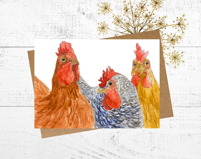Hen Art Greeting Card, Watercolor Painting of Three Chickens