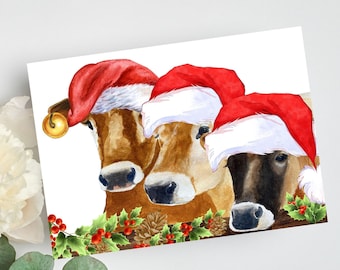Digital Download, Cow Christmas Card, Printable Watercolor Card, Holiday Artwork, Christmas wall decor, Cow Art