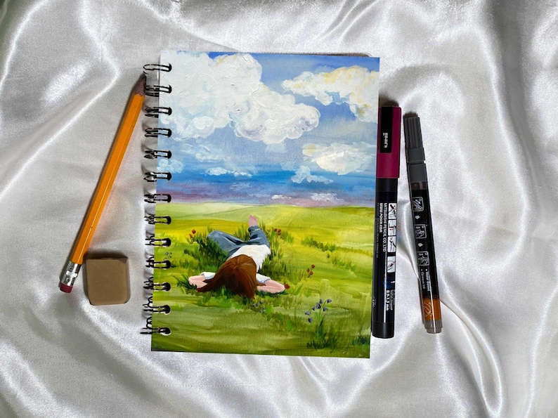 Handmade Journal: Child in Grass Painting, Matte Laminated Cover or All Paper image 3