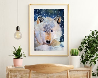 Wolf Watercolor Print from Original Painting of a Wolf Laying in the Snow, Wildlife Art, Watercolor Wall Art