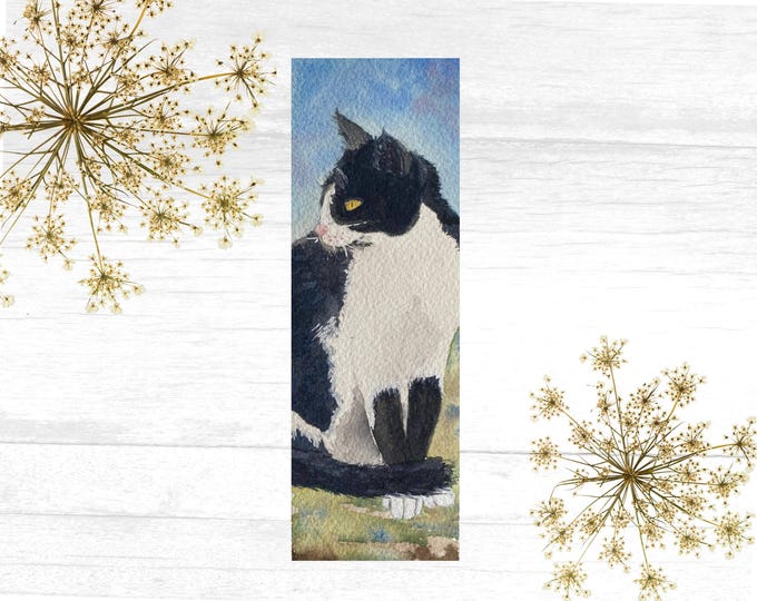 Cat Watercolor Art Bookmark, Painting of Black and White Cat, 2 x 6" Book Lover Gift