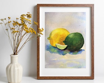 Citrus Art Print, Still Life Watercolor Painting of a Yellow Lemon and a Green Lime, Farmhouse Wall Art, painting of lemon, kitchen wall art