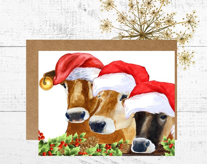 Christmas Card with Cows, Watercolor Card, Holiday Artwork, Christmas wall decor, Cow Art