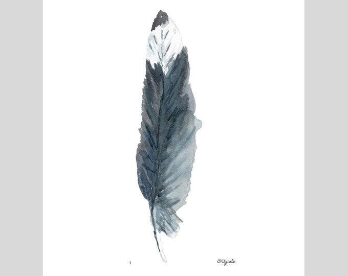 Gray Feather Print: Painting of a Seagull feather, Watercolor Wall Art