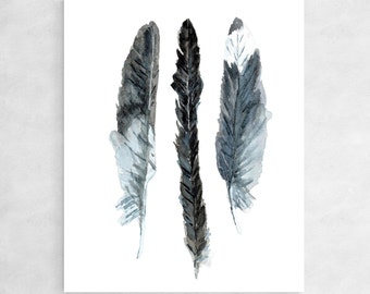 Bird Feather Watercolor Print, Seagull Feather Print, Bird Wall Art, Indigo and White Watercolor Art Print