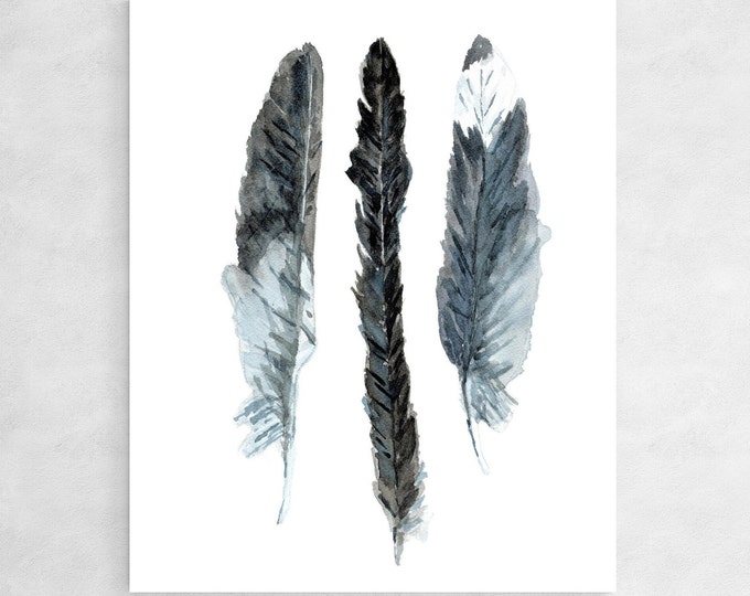 Bird Feather Watercolor Print, Seagull Feather Print, Bird Wall Art, Indigo and White Watercolor Art Print