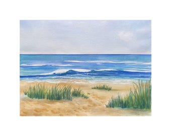 Ocean Landscape Art Print: Beach House Watercolor Decor by Christina Vilgiate