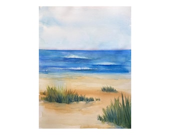 Coastal Ocean Watercolor Art Print: Vertical Blue Sea Painting for Home Decor