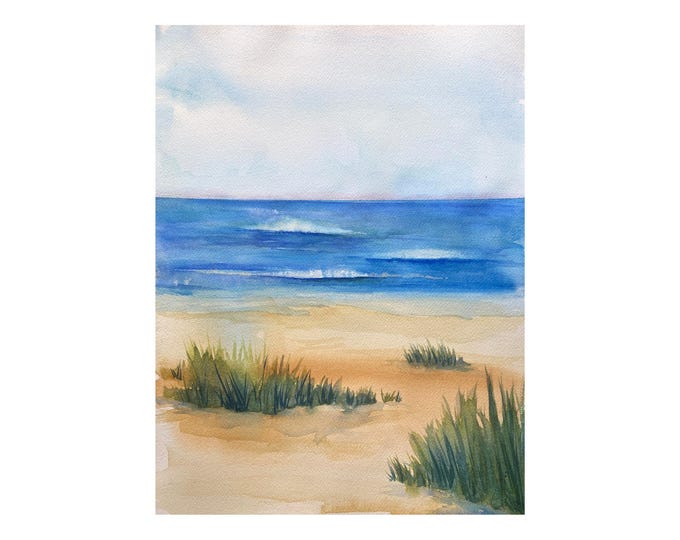 Coastal Ocean Watercolor Art Print: Vertical Blue Sea Painting for Home Decor