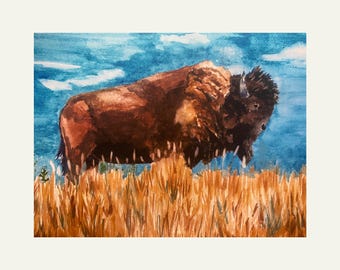 Bison Watercolor Print, Rustic Western Wall Art