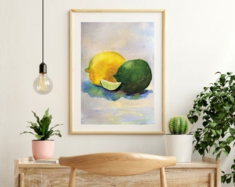 Farmhouse Citrus Wall Art Print, Hand Painted Watercolor Still Life of a Lemon and Lime that is Perfect for Kitchen Decor
