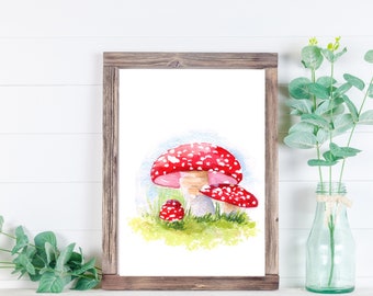 Mushroom Art Print, Watercolor Painting of a Red and White Toadstool, Botanical Wall Art