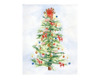 Sweden Christmas Tree Painting, Watercolor Print, Holiday Wall Art, Scandinavian Christmas Tree Painting