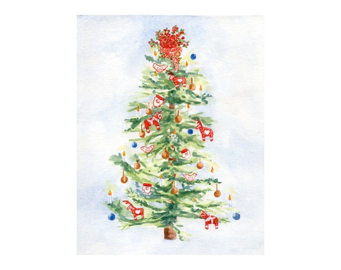 Sweden Christmas Tree Painting, Watercolor Print, Holiday Wall Art, Scandinavian Christmas Tree Painting