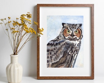 Bird Art Print from Watercolor Painting of a Great Horned Owl