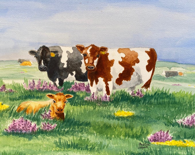 Holstein Cow Watercolor Print, Painting of Cows & A Calf in a Flower filled Meadow