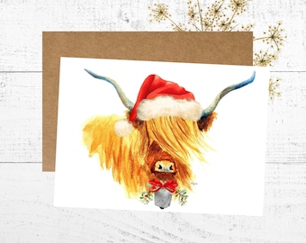 Christmas Card with a Highland Cow, Watercolor Card, Holiday Artwork, Christmas wall decor, Cow Art