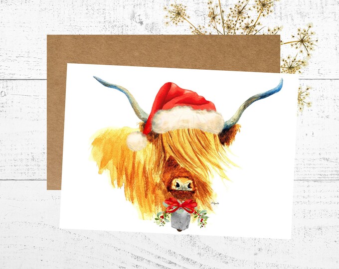 Christmas Card with a Highland Cow, Watercolor Card, Holiday Artwork, Christmas wall decor, Cow Art