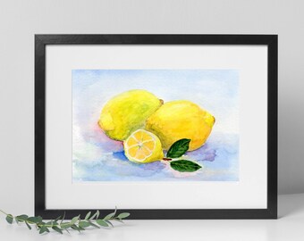 Lemon Watercolor Print, Painting of Lemons, Fruit Wall Art, Citrus Painting
