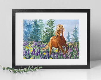 Horse Art Print, Watercolor Painting of a Horse Galloping in a Wildflower Meadow, Western Wall Art