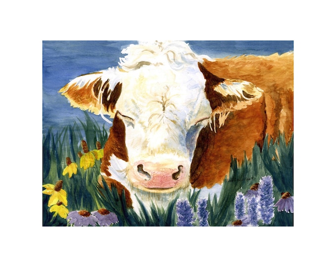 Cow Print, Watercolor Painting of a Brown & White Cow, Farmhouse Wall Art, Cow Wall Decor, Hereford Cow Art